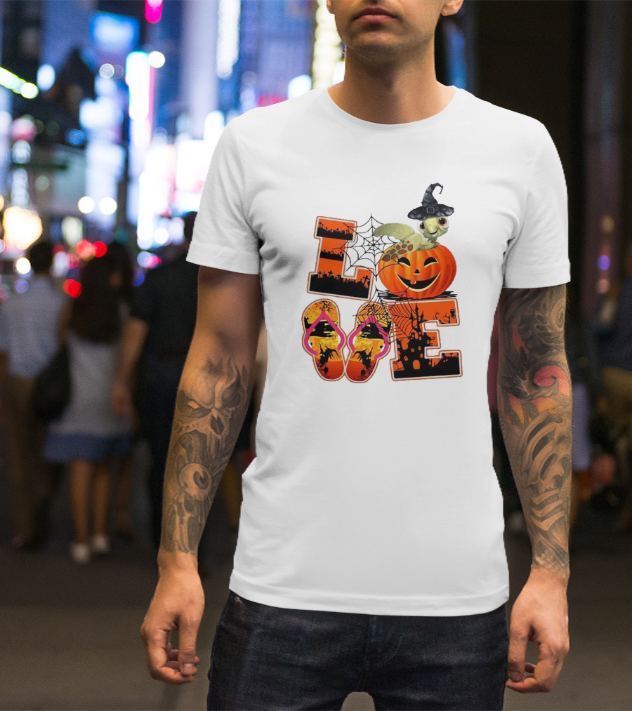 Halloween Love Turtle Pumpkin Spider Web Flip Flops T-Shirt