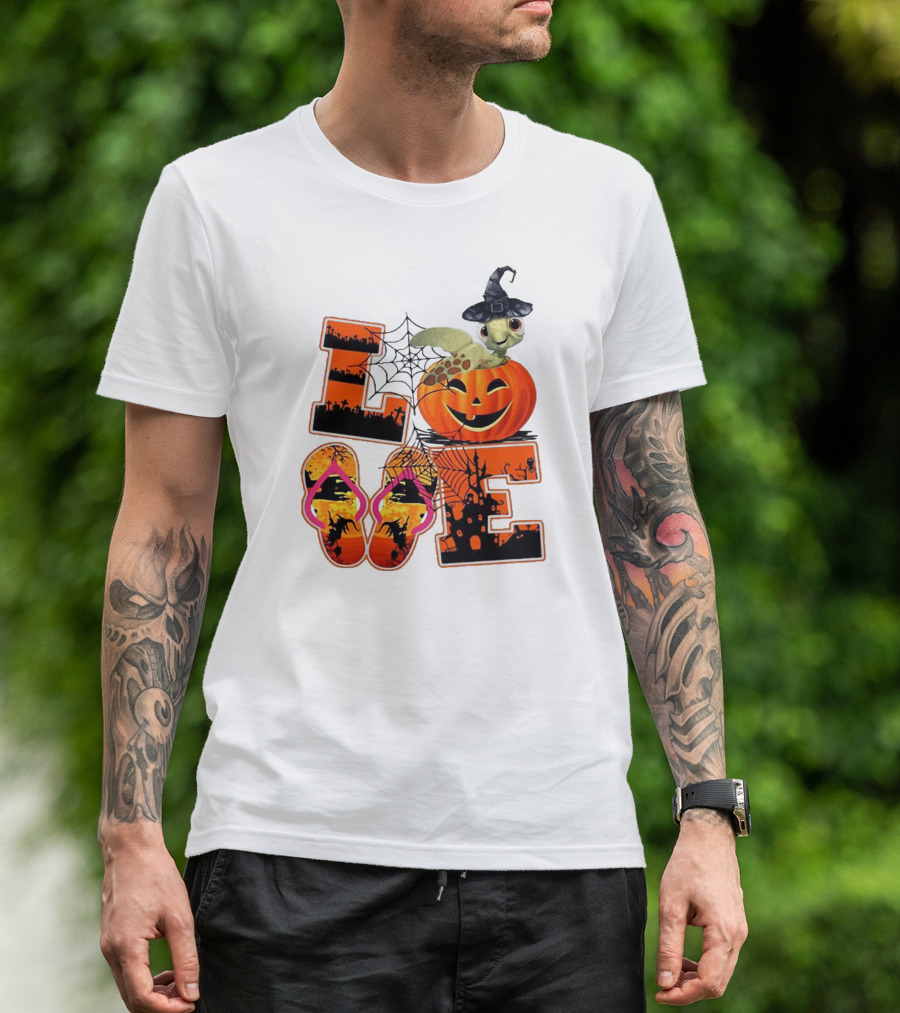 Halloween Love Turtle Pumpkin Spider Web Flip Flops T-Shirt