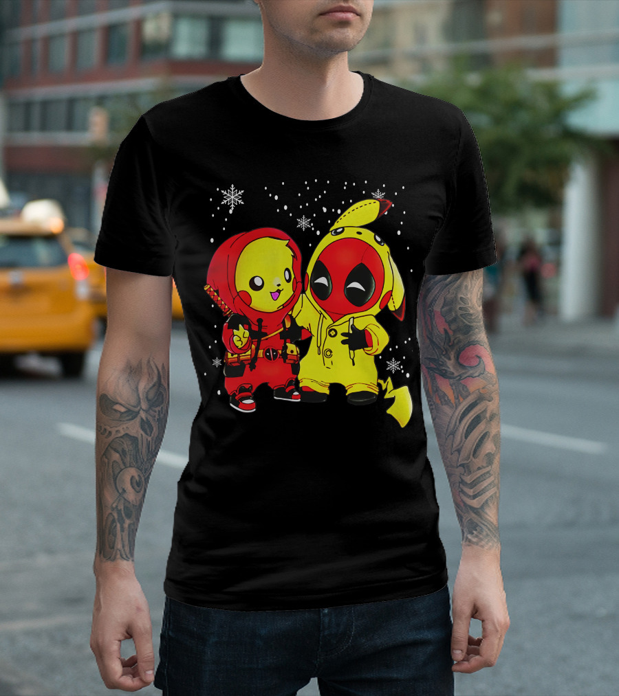 Pikachu Deadpool Crossover with Snowflakes and Kawaii Style Elements T-Shirt