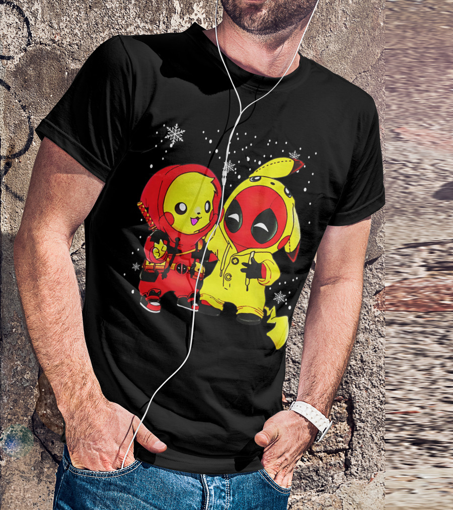 Pikachu Deadpool Crossover With Snowflakes And Kawaii Style Elements T-Shirt