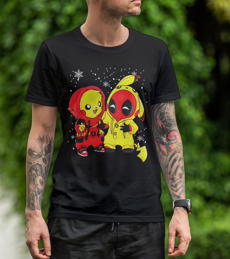 Pikachu Deadpool Crossover With Snowflakes And Kawaii Style Elements T-Shirt