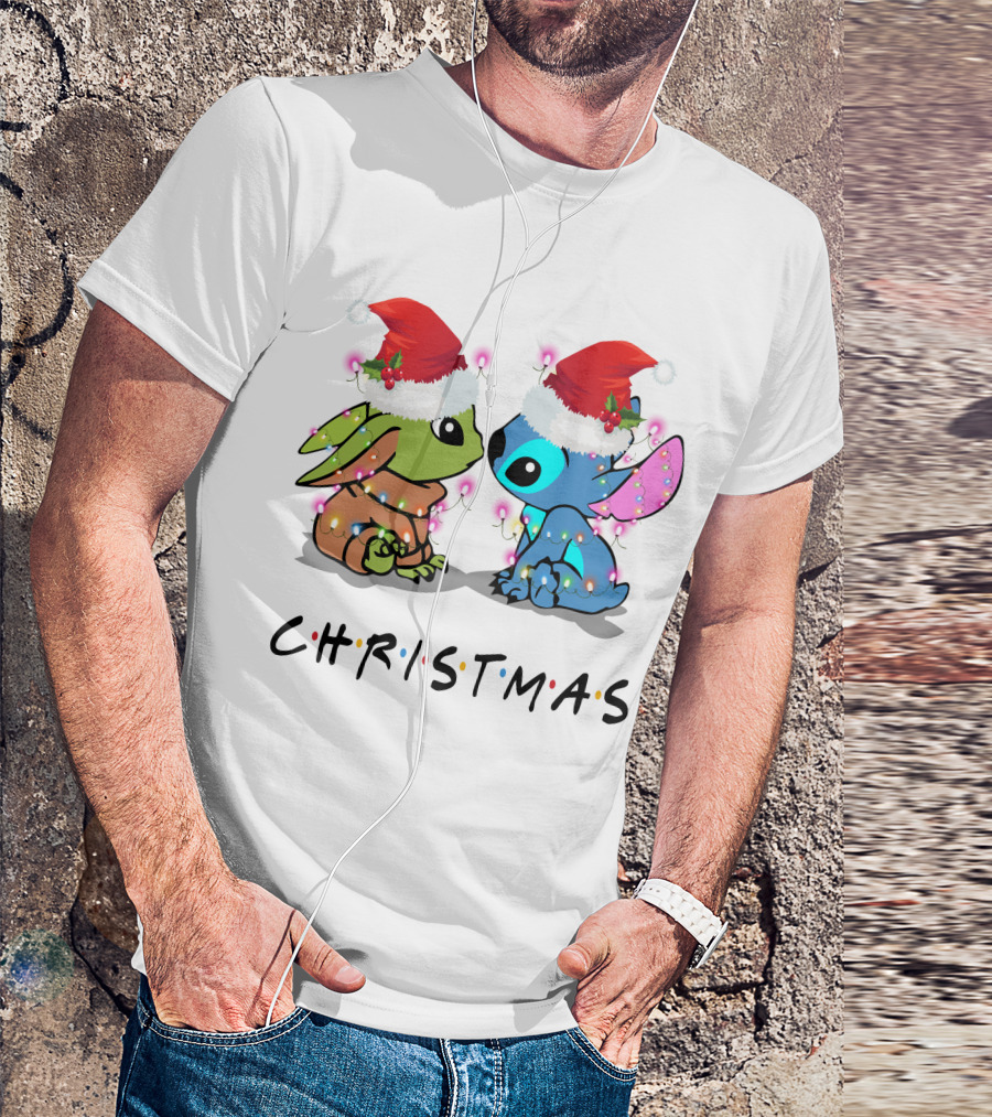 Yoda And Stitch Christmas Santa Hats Holiday Lights T-Shirt