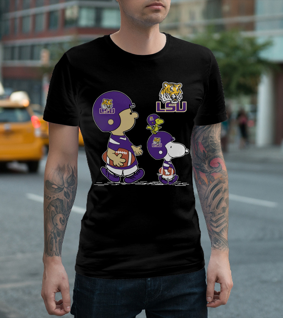 Peanuts Characters in LSU Tigers Football Gear with Helmet and Football T-Shirt