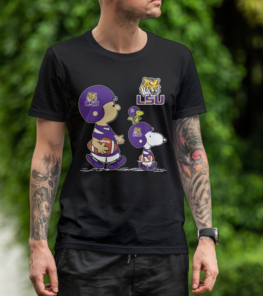 Peanuts Characters In LSU Tigers Football Gear With Helmet And Football T-Shirt
