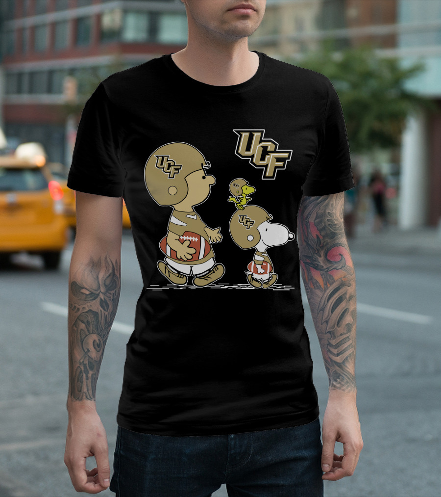 UCF Knights Football Peanuts Characters with Woodstock and Snoopy Helmets T-Shirt