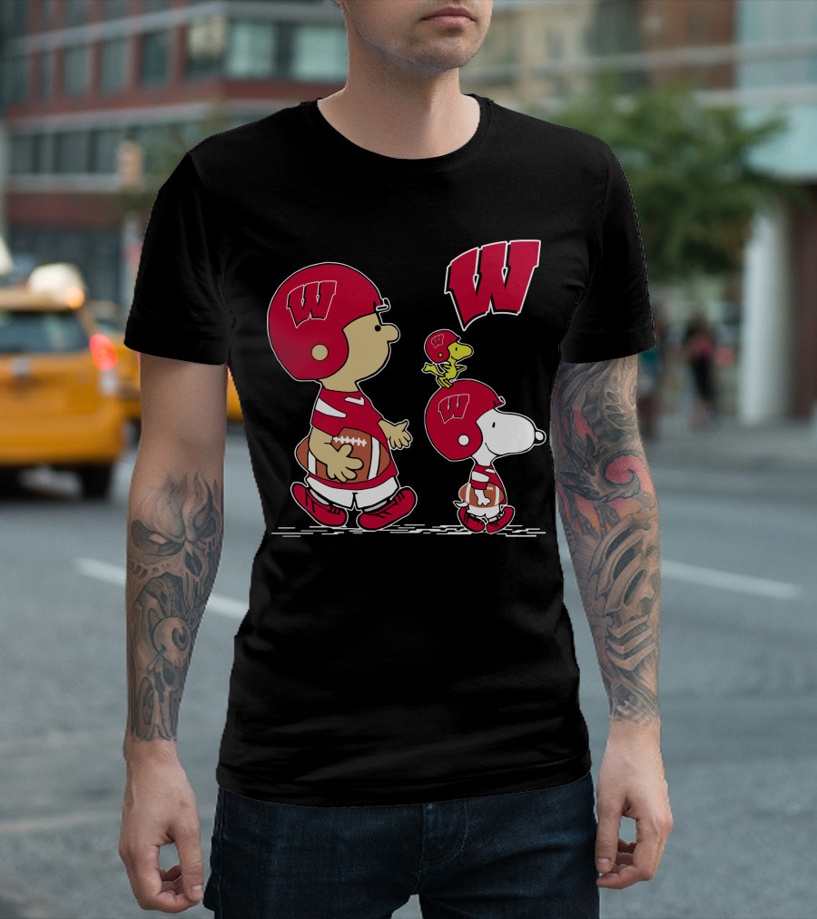 Wisconsin Badgers Peanuts Football Characters Walking With W T-Shirt