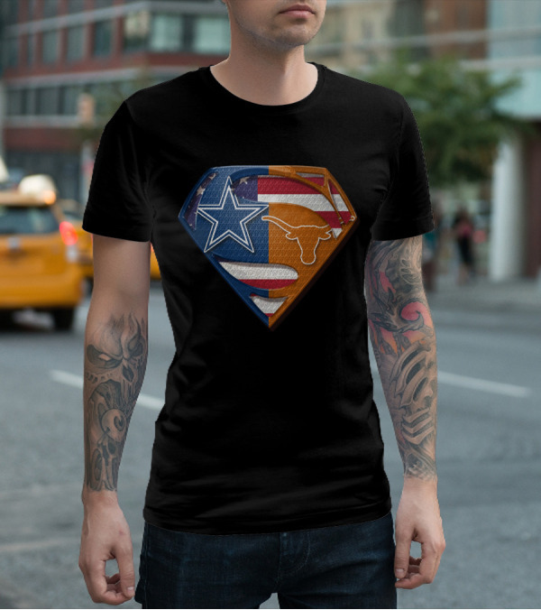Dallas Cowboys Texas Longhorns Superman Shield American Flag Blend T-Shirt