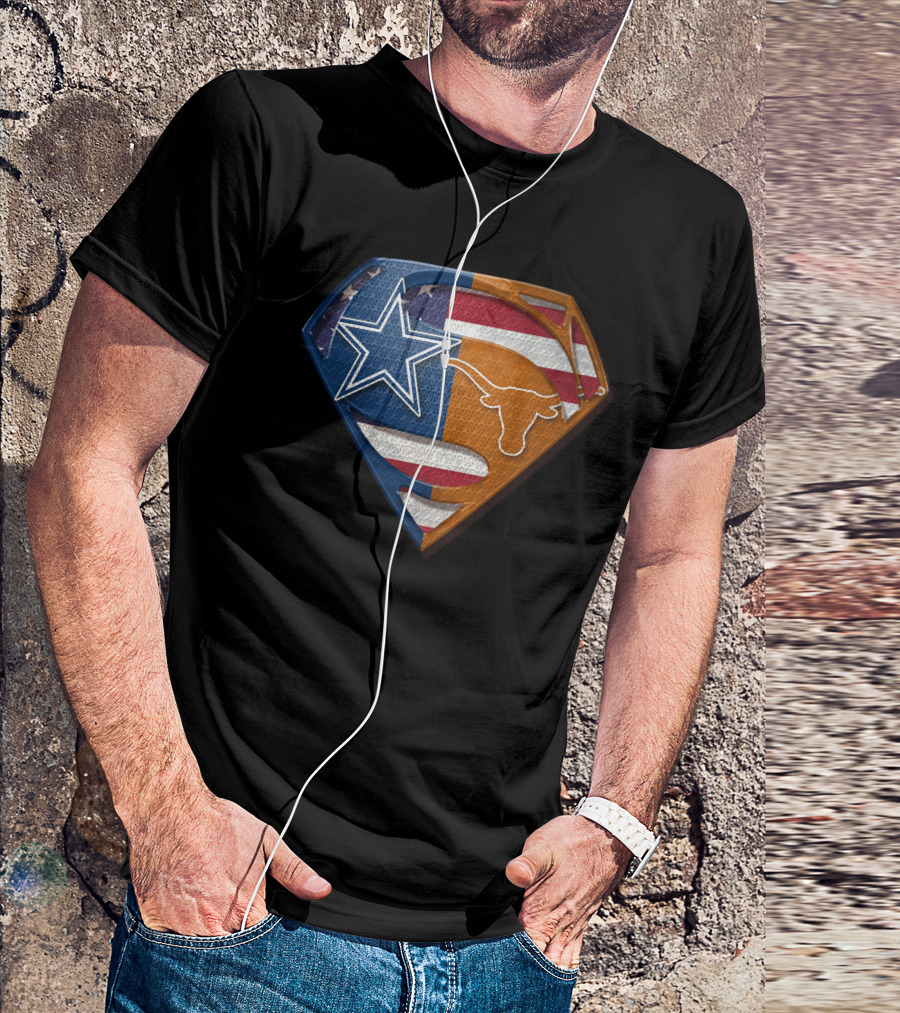Dallas Cowboys Texas Longhorns Superman Shield American Flag Blend T-Shirt