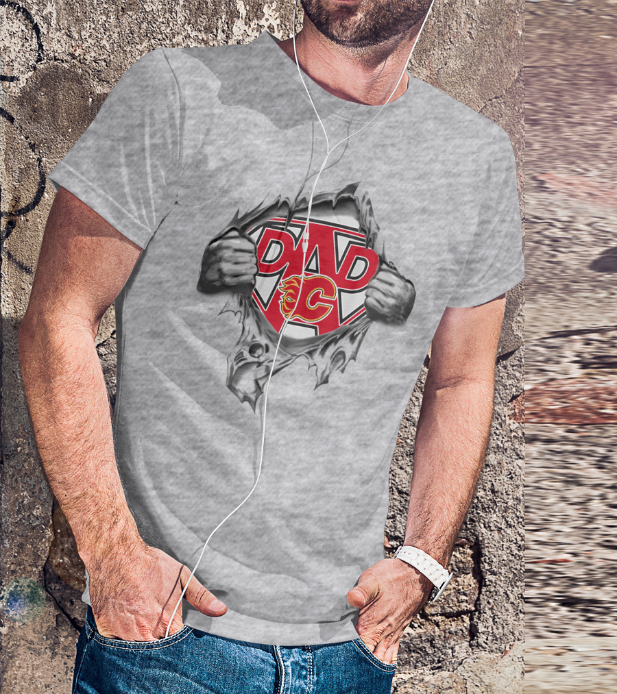 Calgary Flames Dad Super Emblem With Ripped Effect And Flames T-Shirt