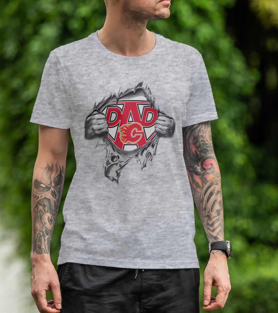 Calgary Flames Dad Super Emblem With Ripped Effect And Flames T-Shirt