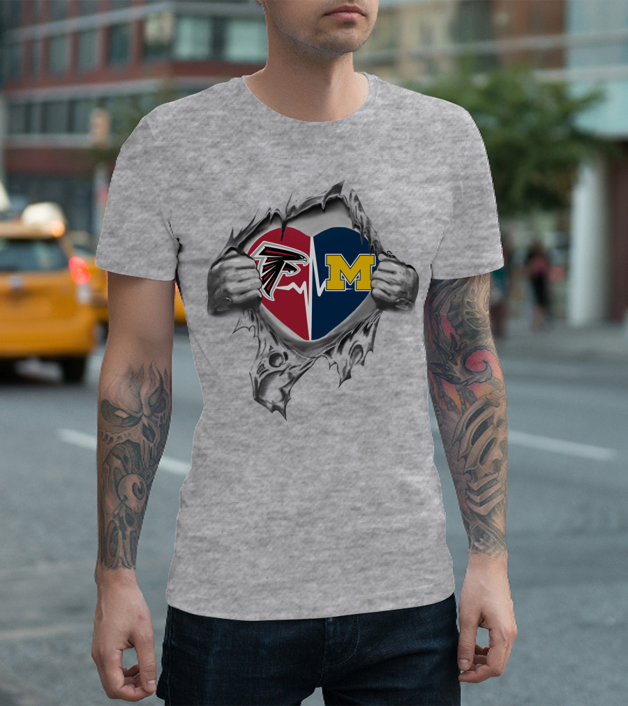 Heart of Michigan Wolverines and Atlanta Falcons Logos on Torn Fabric T-Shirt