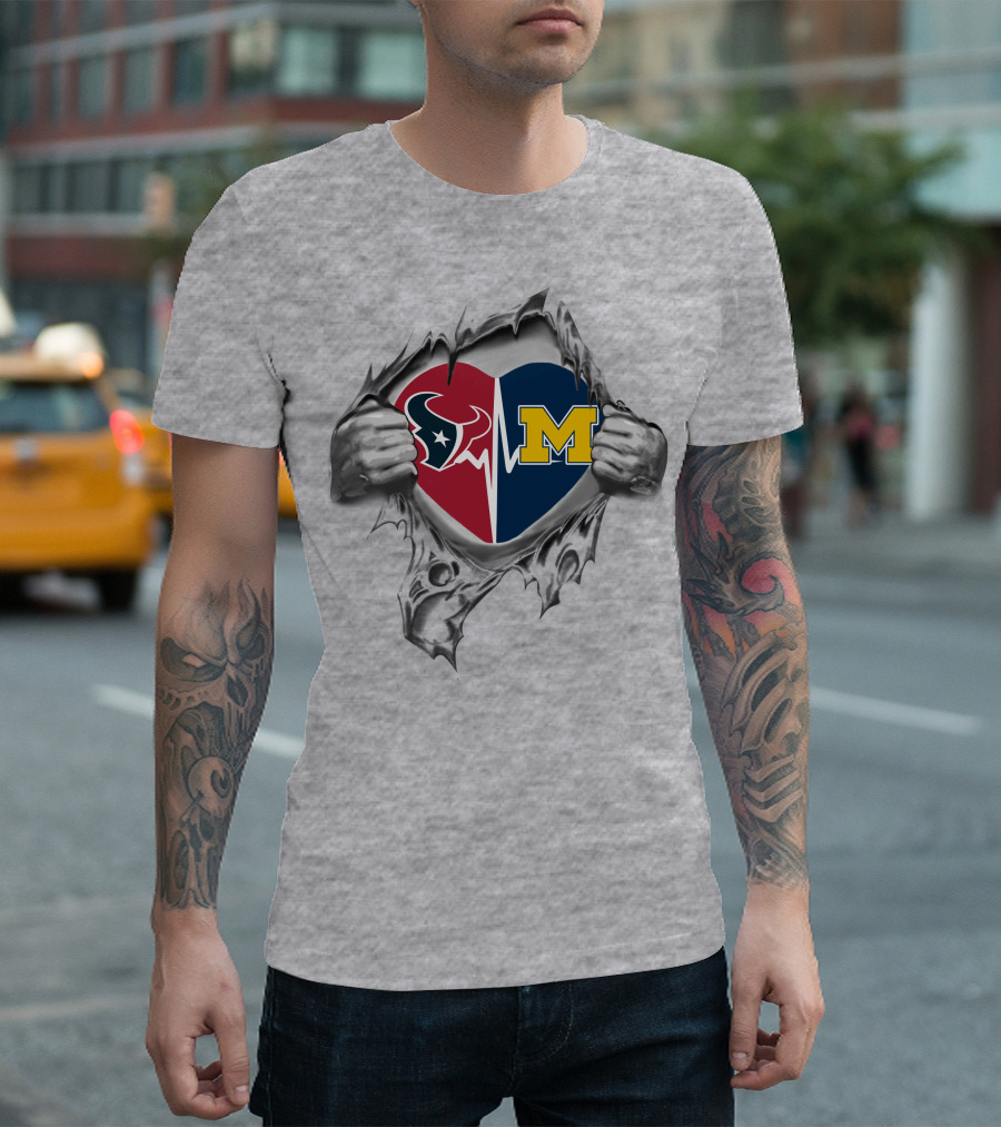 Michigan Wolverines Houston Texans Heartbeat Torn Heart T-Shirt