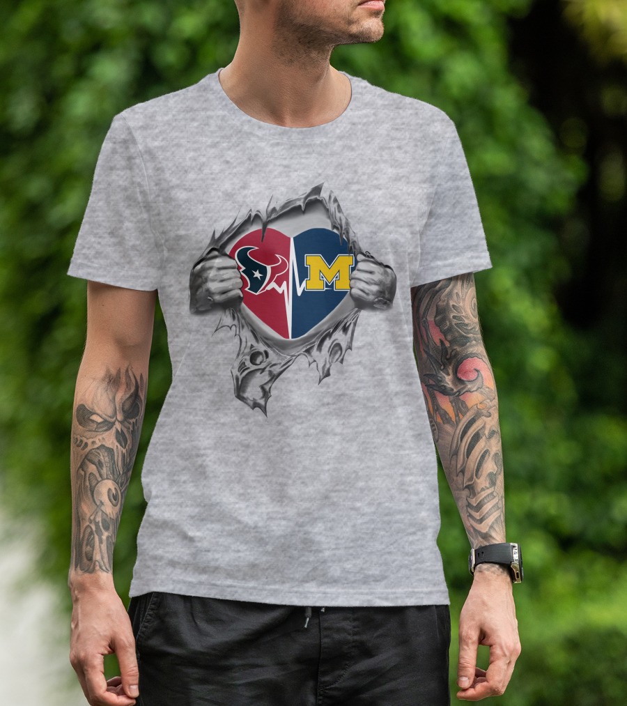 Michigan Wolverines Houston Texans Heartbeat Torn Heart T-Shirt