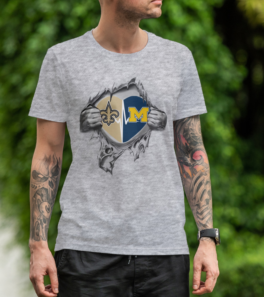 Michigan Wolverines New Orleans Saints Heart Shaped Ripped T-Shirt