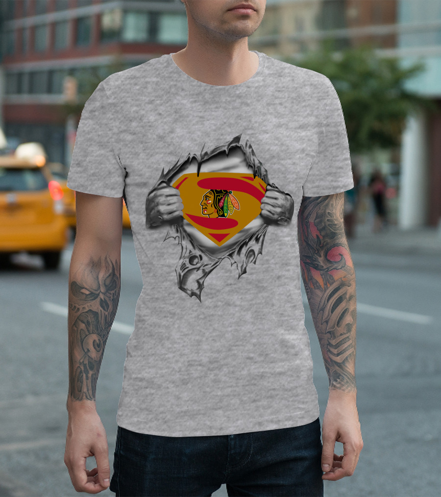 Blackhawks Superman Emblem Tear With Hands T-Shirt
