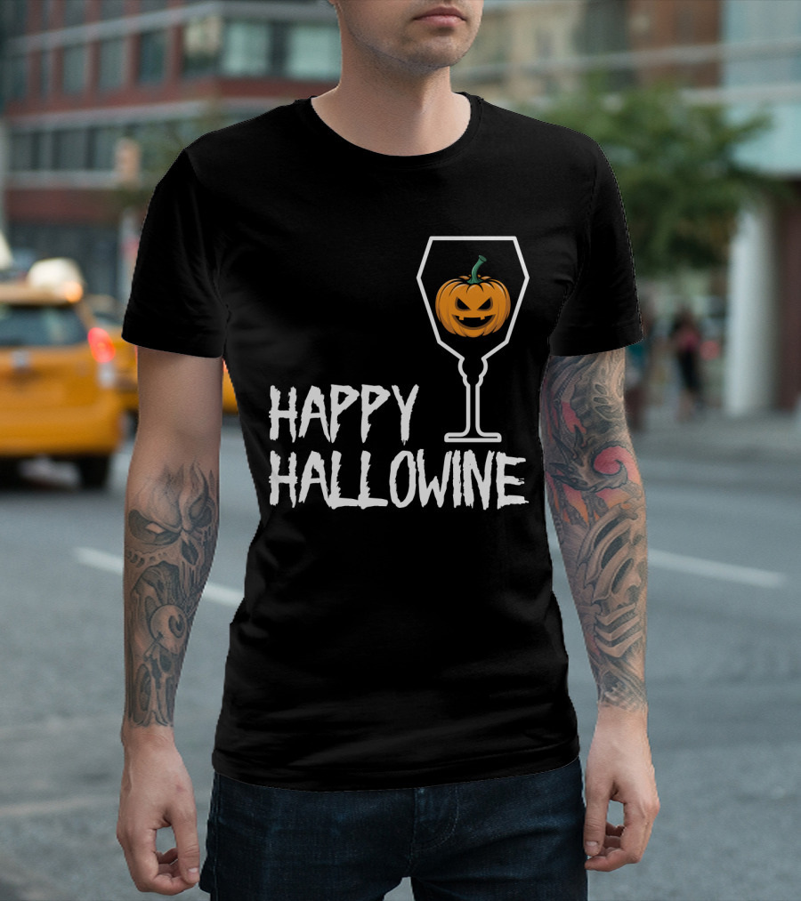 Happy Hallowine Jack-o'-Lantern Wine Glass Halloween Drinking Lover T-Shirt