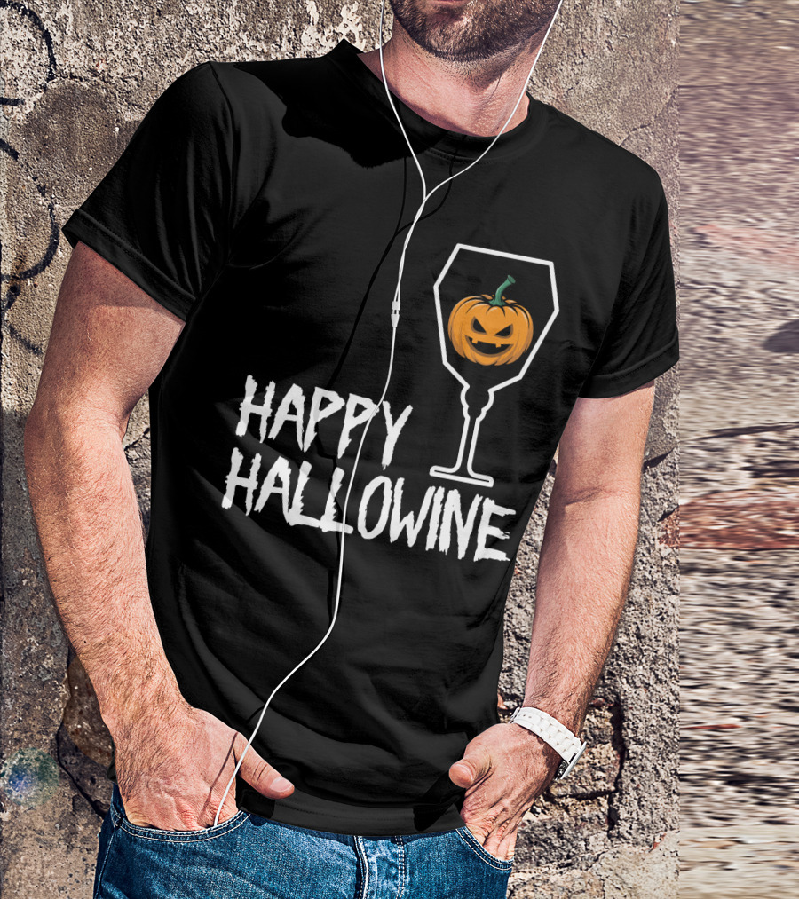 Happy Hallowine Jack-o'-Lantern Wine Glass Halloween Drinking Lover T-Shirt