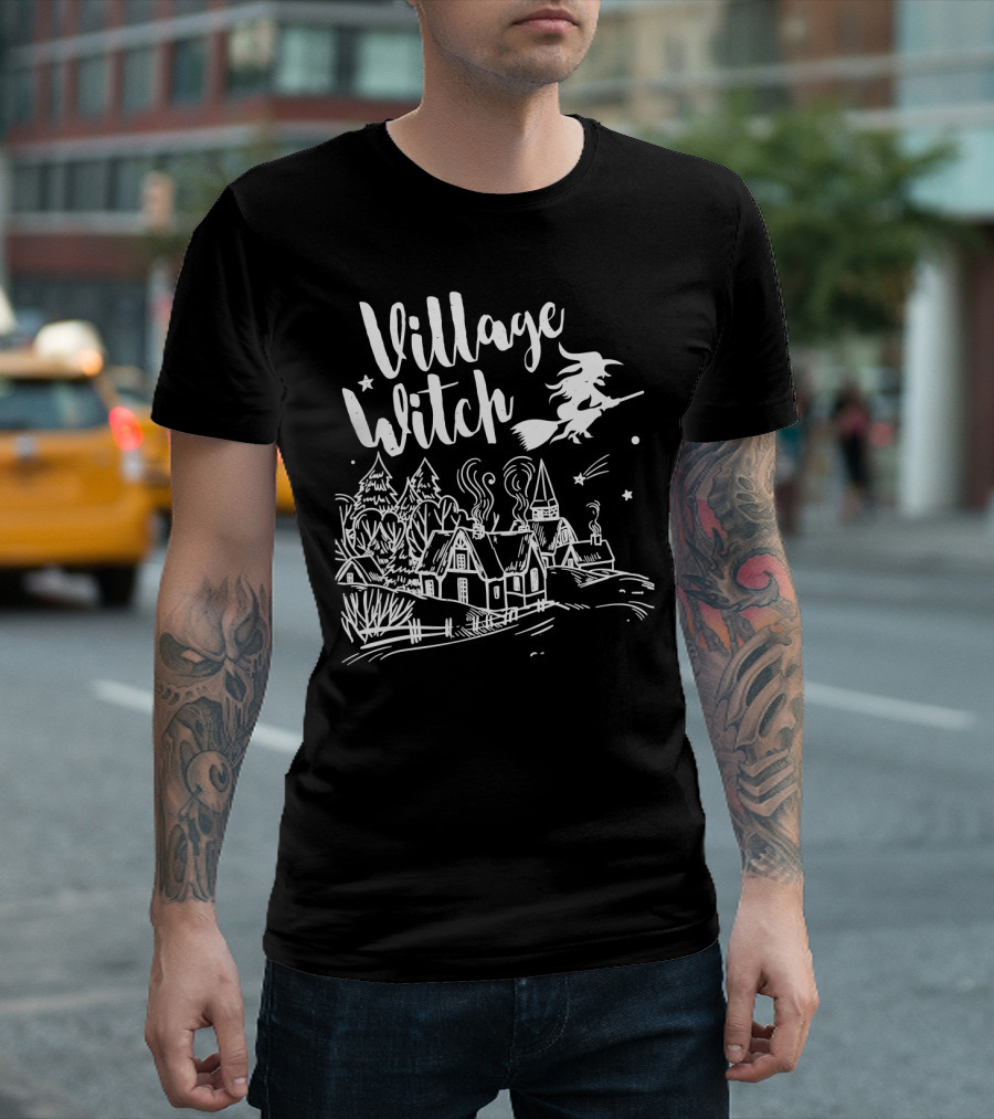 Village Witch Flying Over Enchanted Village Scene T-Shirt