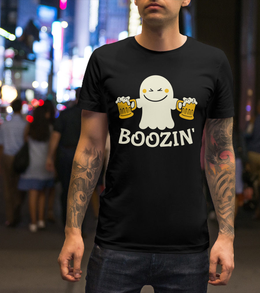 Boozin Ghost With Beer Mugs Halloween Fun T-Shirt