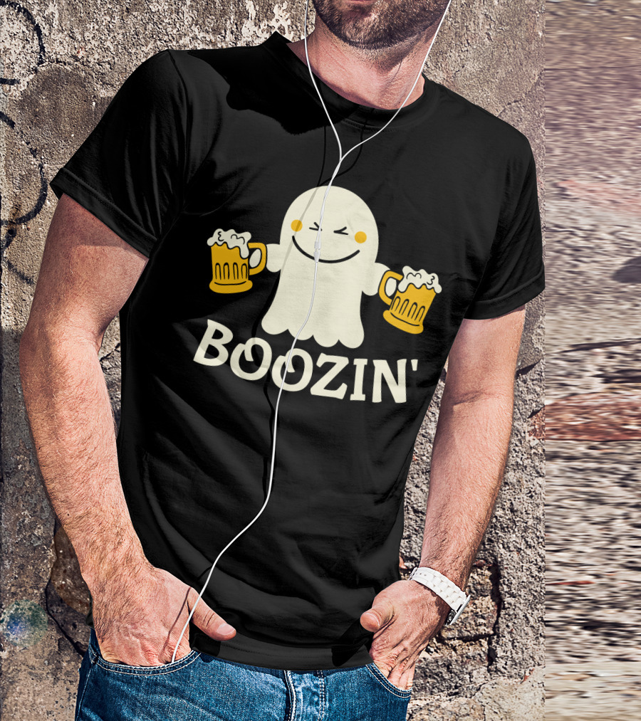 Boozin Ghost With Beer Mugs Halloween Fun T-Shirt