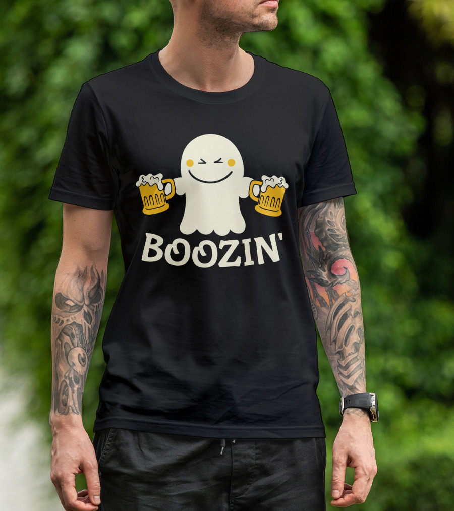 Boozin Ghost With Beer Mugs Halloween Fun T-Shirt