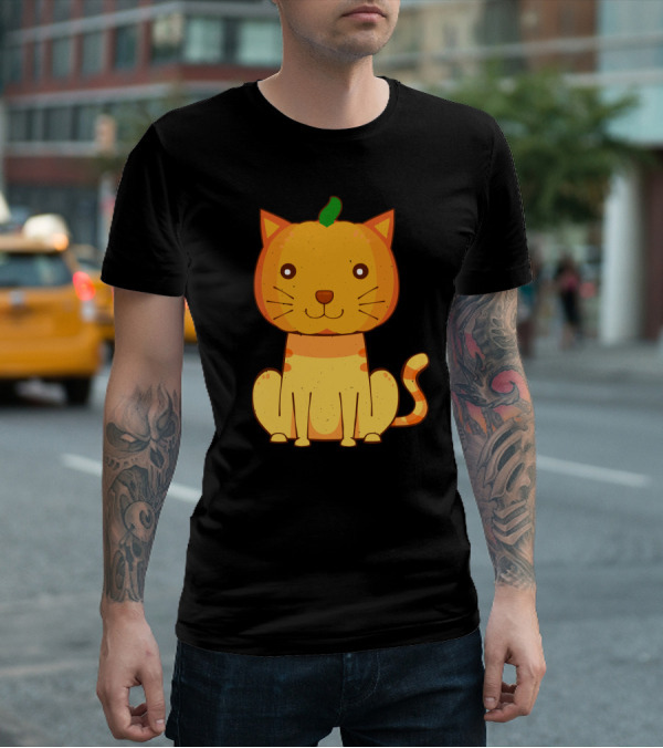 Halloween Pumpkin Cat Face And Striped Tail Whiskers T-Shirt