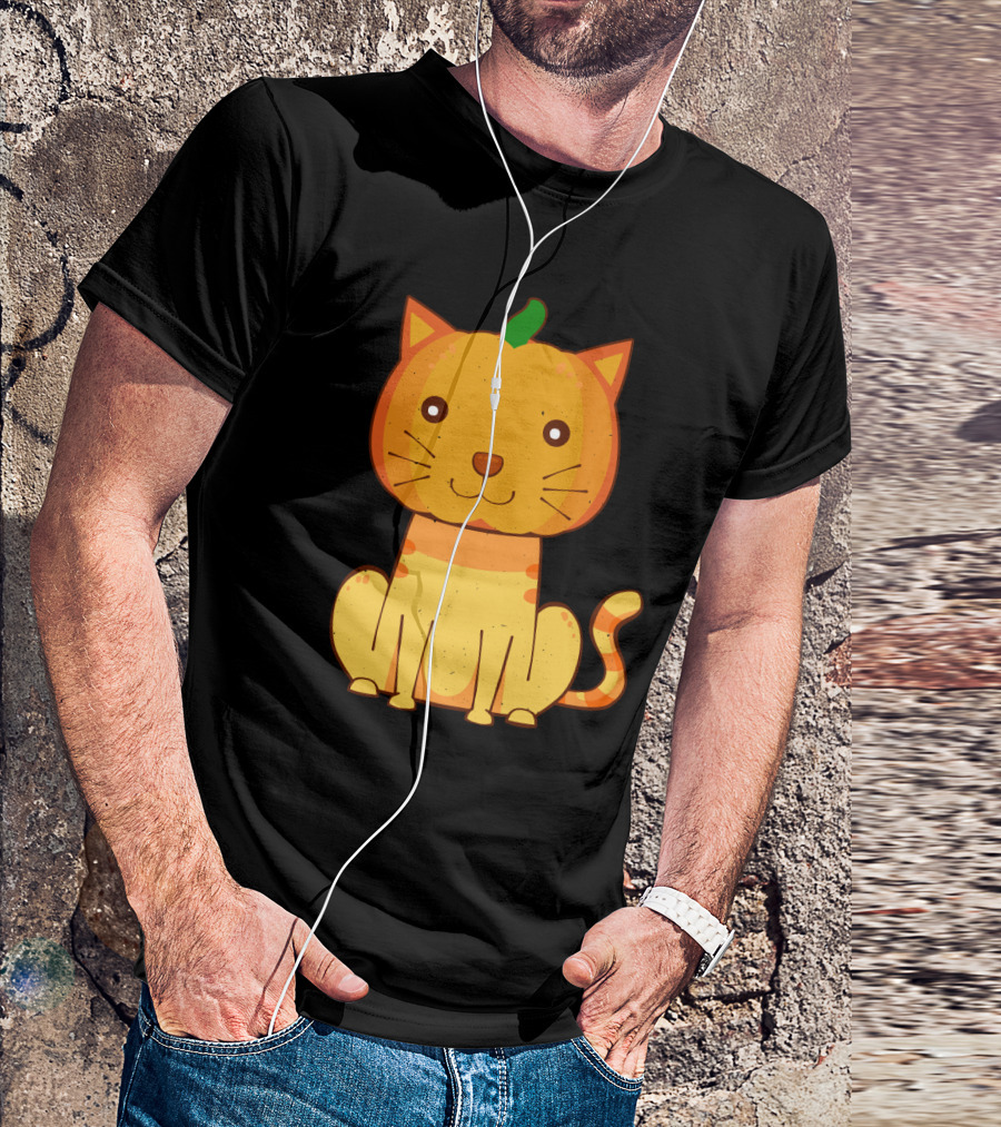 Halloween Pumpkin Cat Face And Striped Tail Whiskers T-Shirt