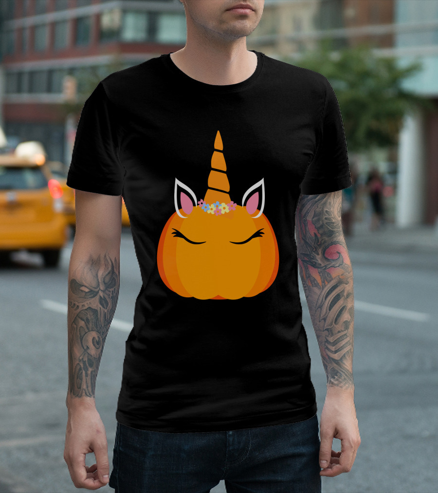 Unicorn Pumpkin With Floral Crown And Sleepy Eyes T-Shirt