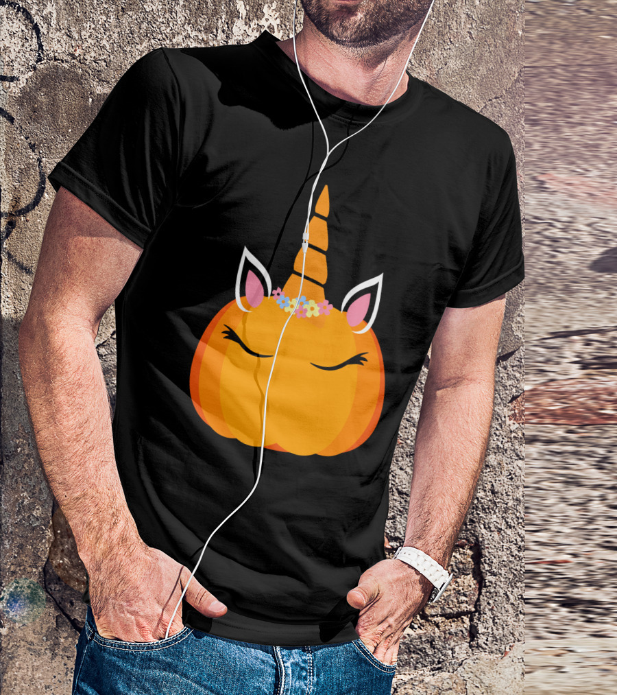Unicorn Pumpkin With Floral Crown And Sleepy Eyes T-Shirt