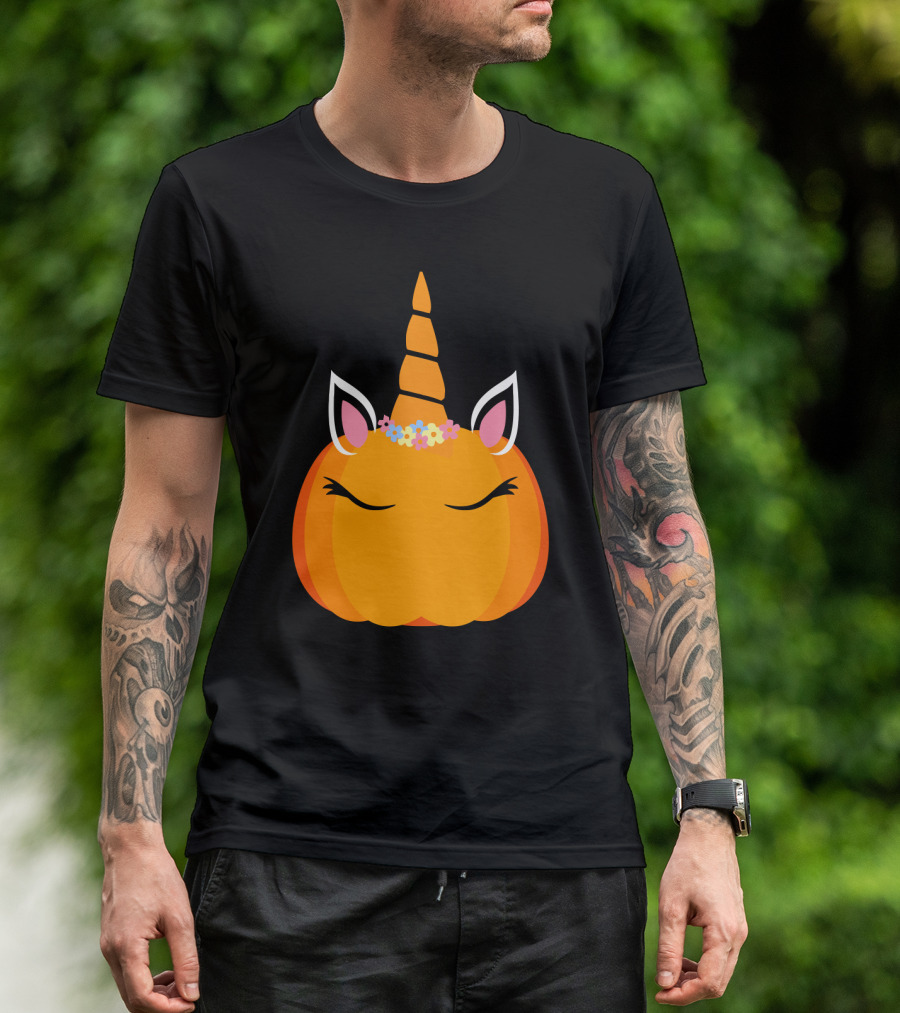 Unicorn Pumpkin With Floral Crown And Sleepy Eyes T-Shirt