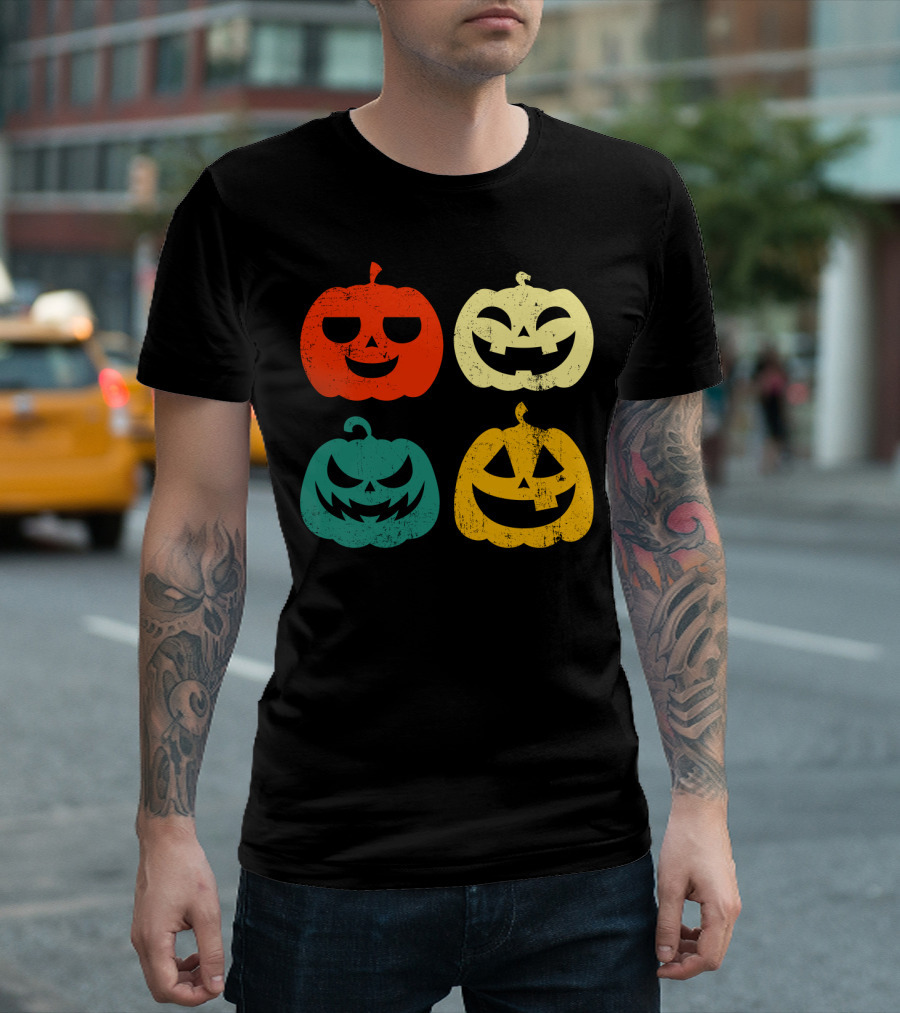 Retro Vintage Pumpkin Halloween Faces Quad Color Grid T-Shirt