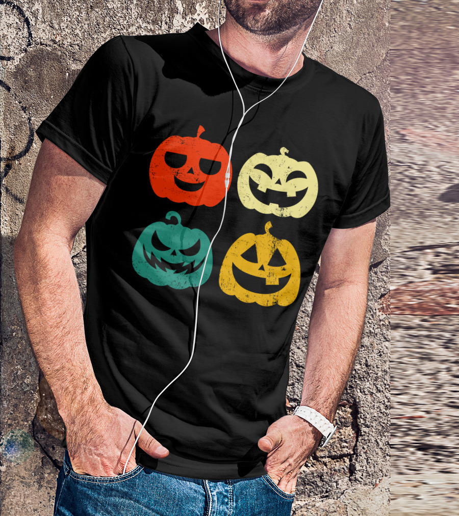 Retro Vintage Pumpkin Halloween Faces Quad Color Grid T-Shirt