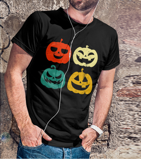Retro Vintage Pumpkin Halloween Faces Quad Color Grid T-Shirt