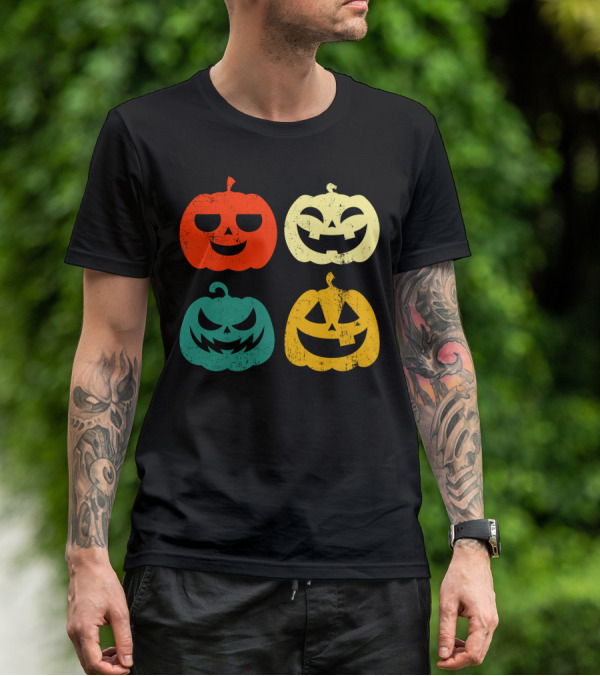 Retro Vintage Pumpkin Halloween Faces Quad Color Grid T-Shirt