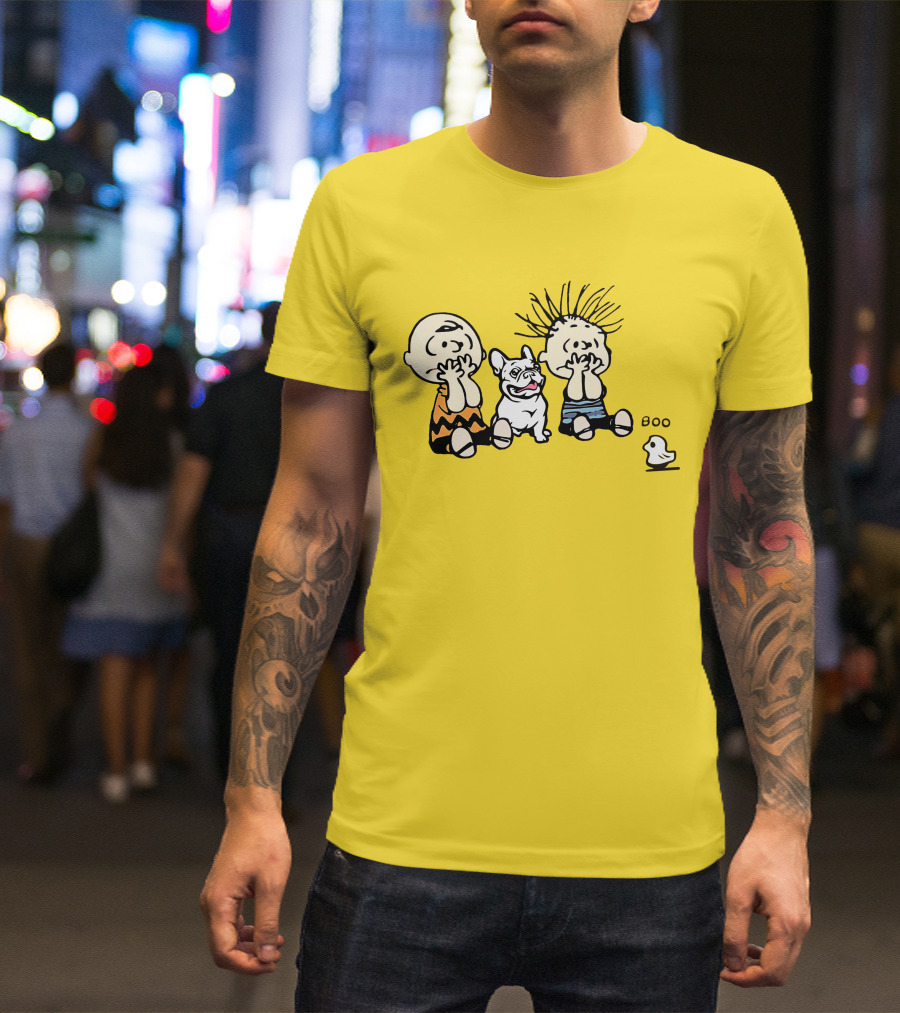 Frenchie Boo Cartoon Characters Surprise Yellow Background T-Shirt