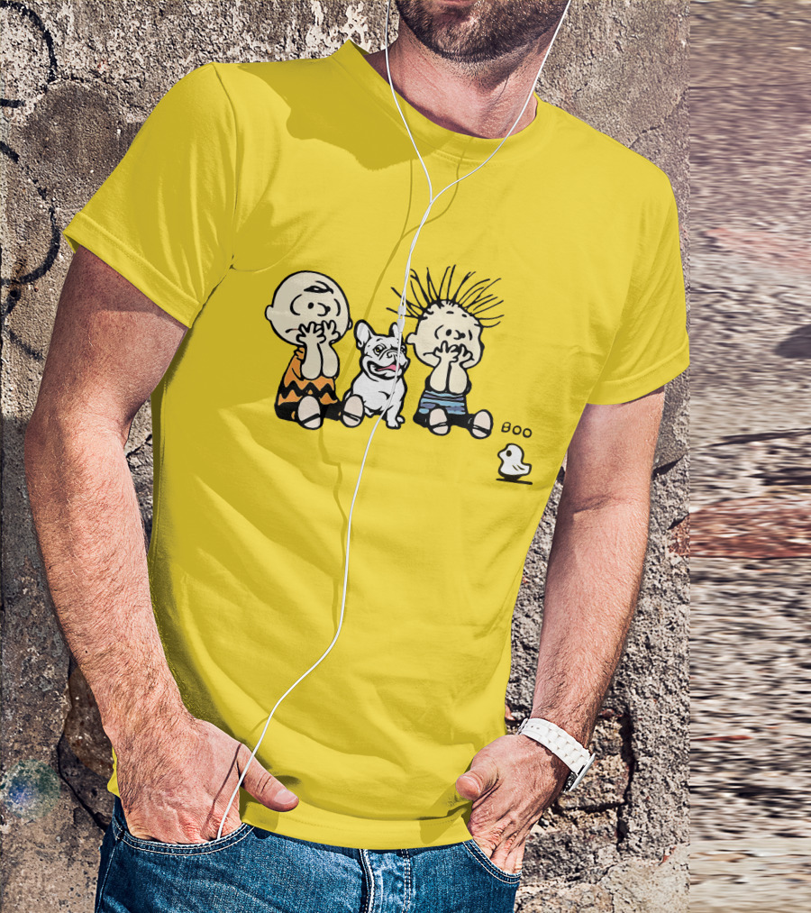 Frenchie Boo Cartoon Characters Surprise Yellow Background T-Shirt