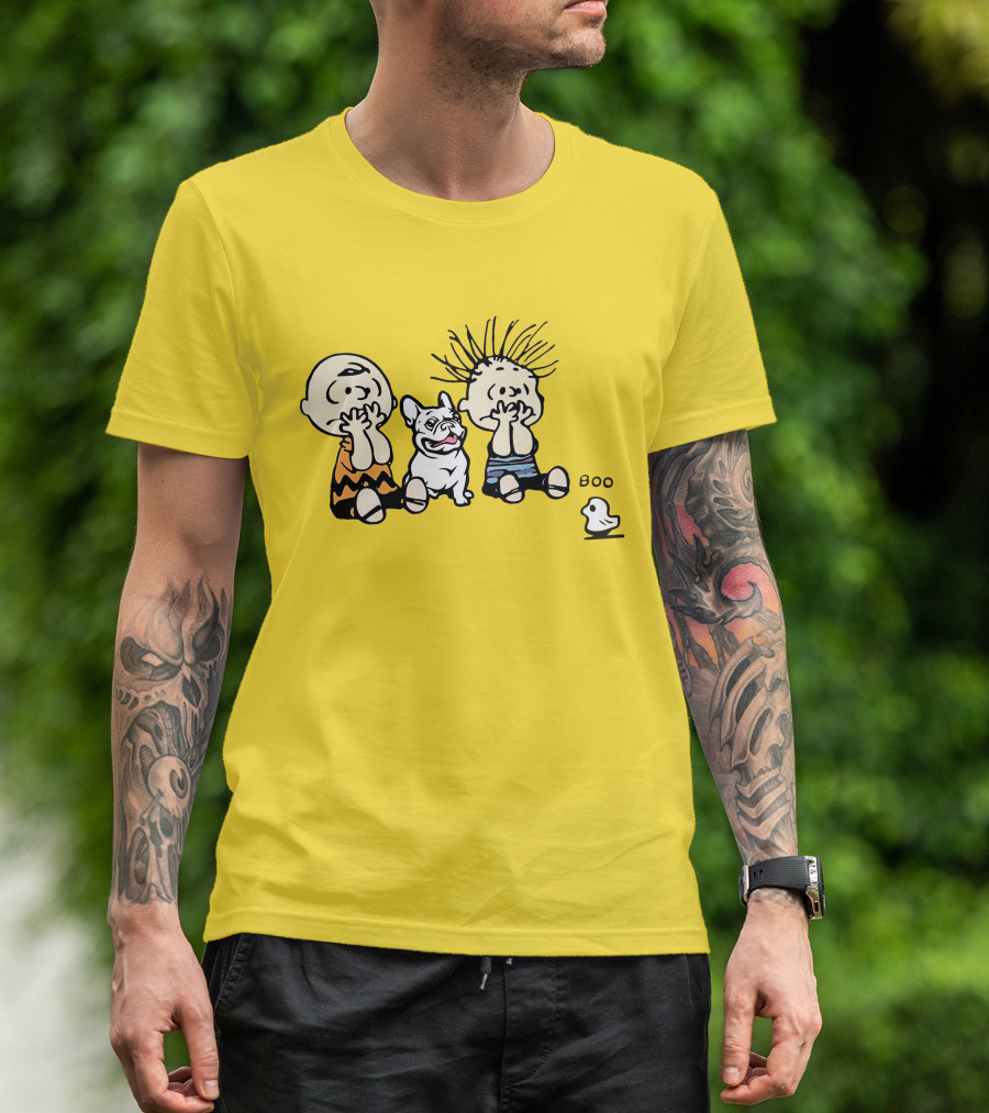 Frenchie Boo Cartoon Characters Surprise Yellow Background T-Shirt