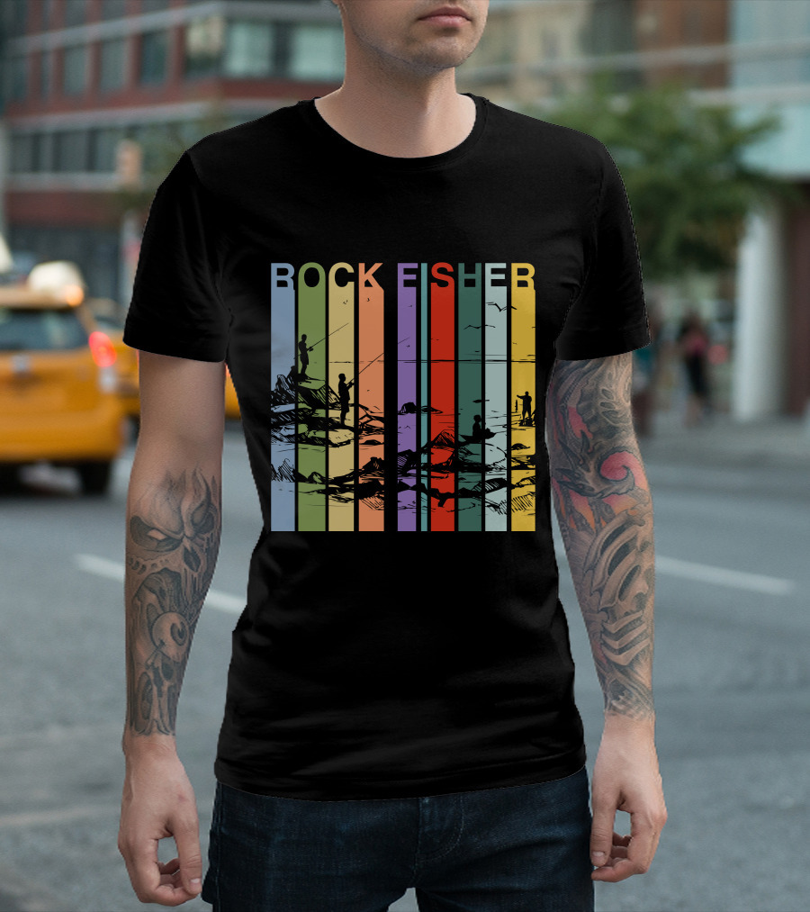 ROCK FISHER Vintage Fishing Landscape Stripes T-Shirt