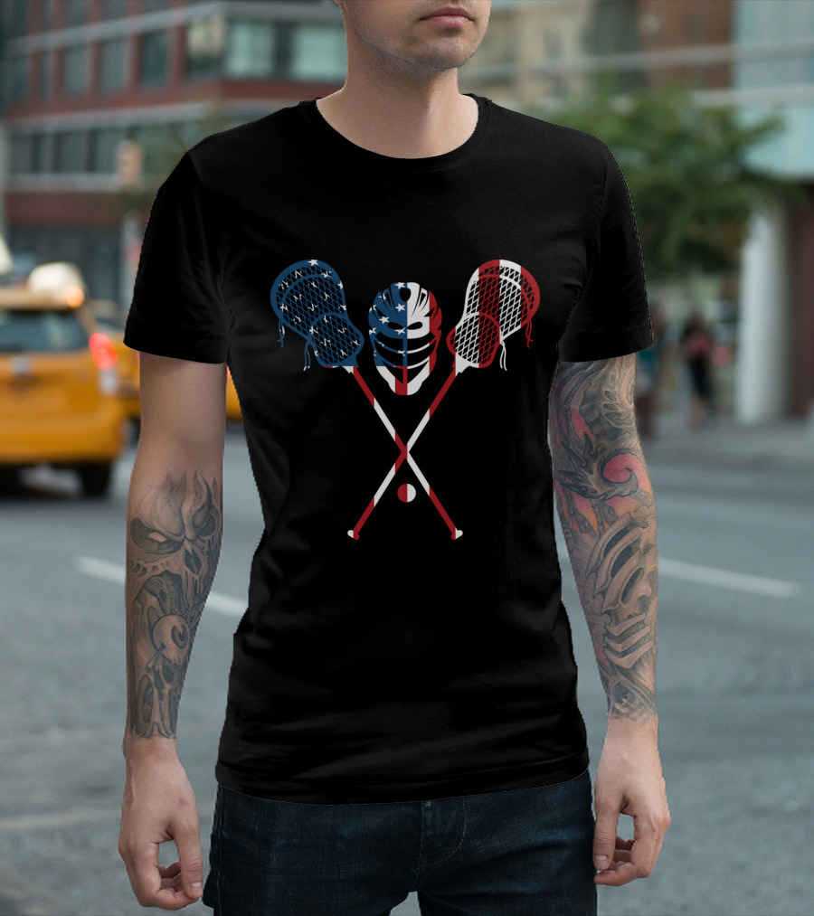 Lacrosse Sticks and Helmet with American Flag for 4th of July T-Shirt