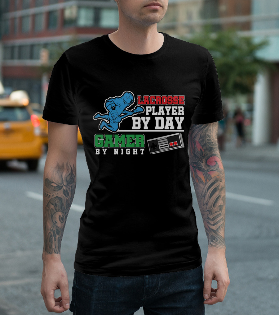 Lacrosse Player by Day Gamer by Night Retro Controller T-Shirt