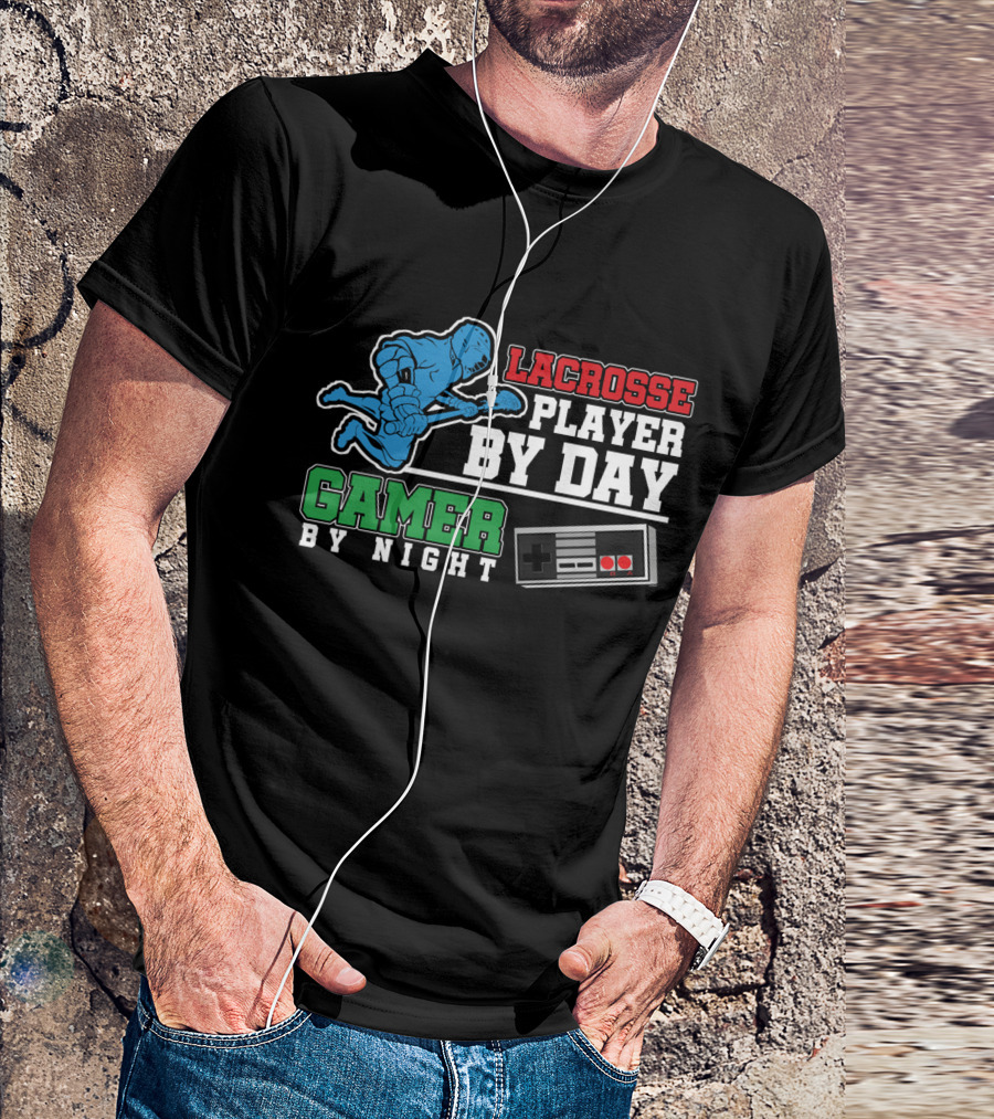 Lacrosse Player By Day Gamer By Night Retro Controller T-Shirt