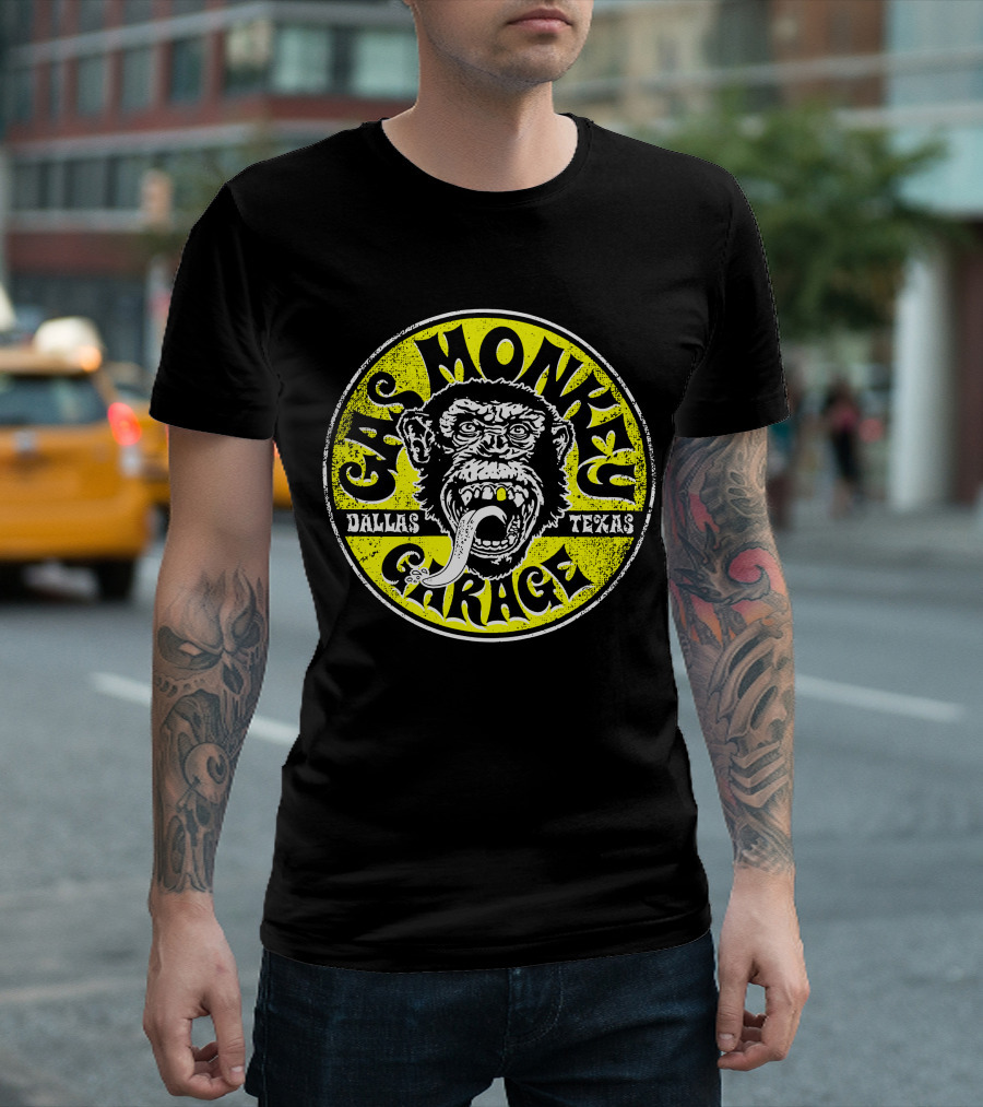 Gas Monkey Garage Dallas Texas Logo Monkey Tongue Circle Yellow T-Shirt