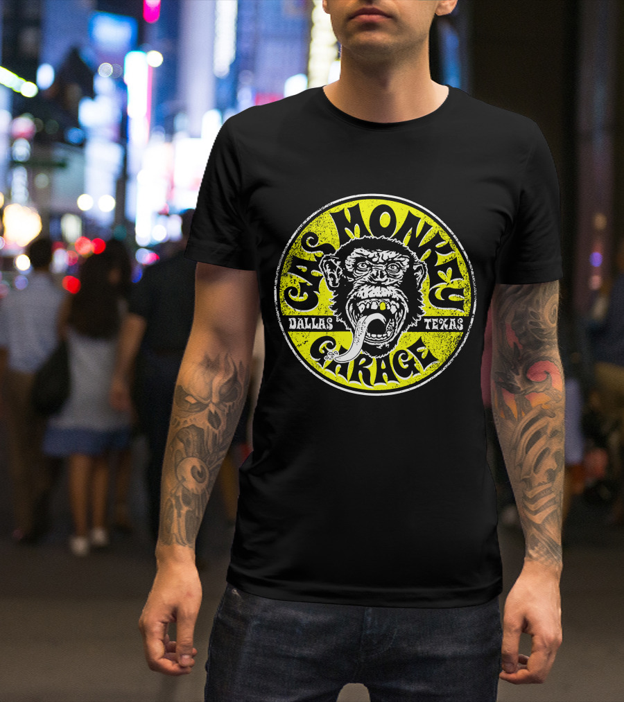 Gas Monkey Garage Dallas Texas Logo Monkey Tongue Circle Yellow T-Shirt