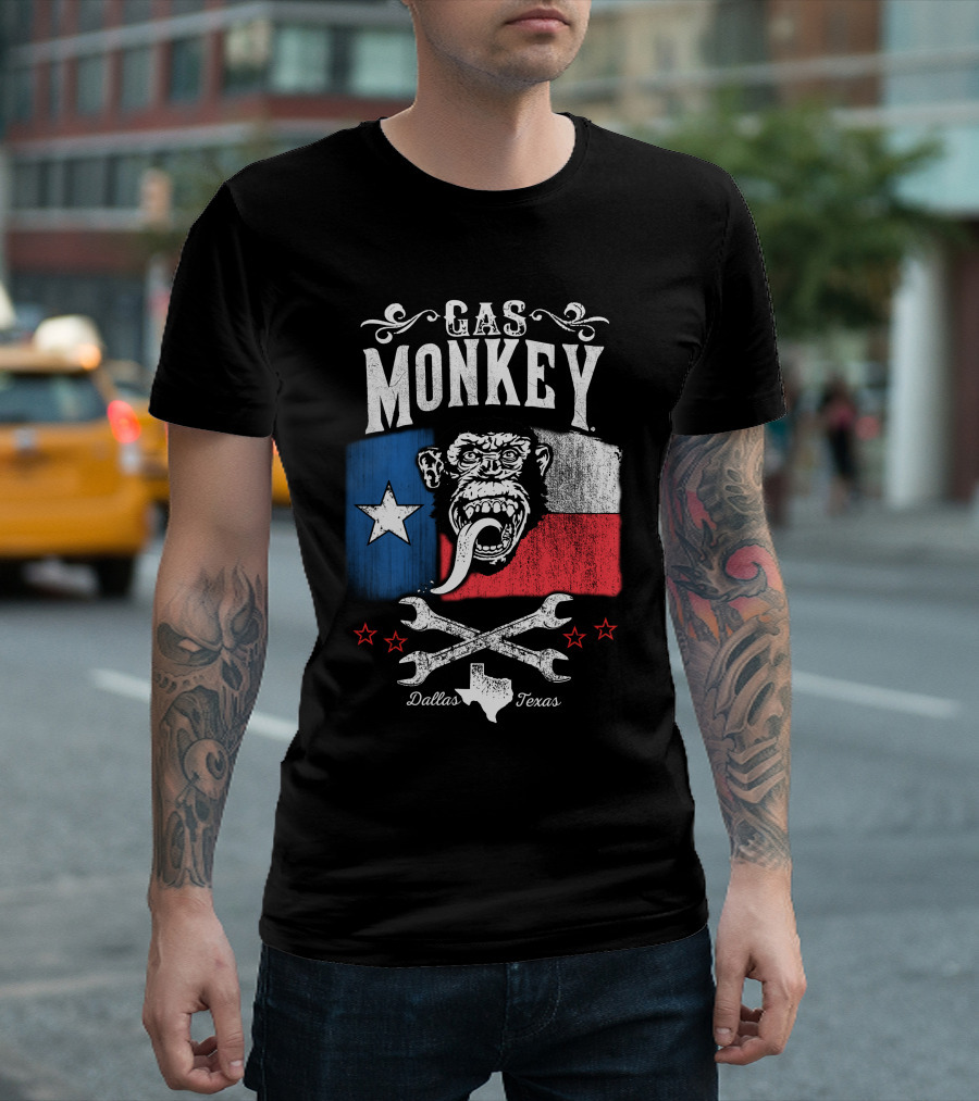 Gas Monkey Garage Dallas Texas Lone Star Flag Monkey Logo Wrenches Stars T-Shirt