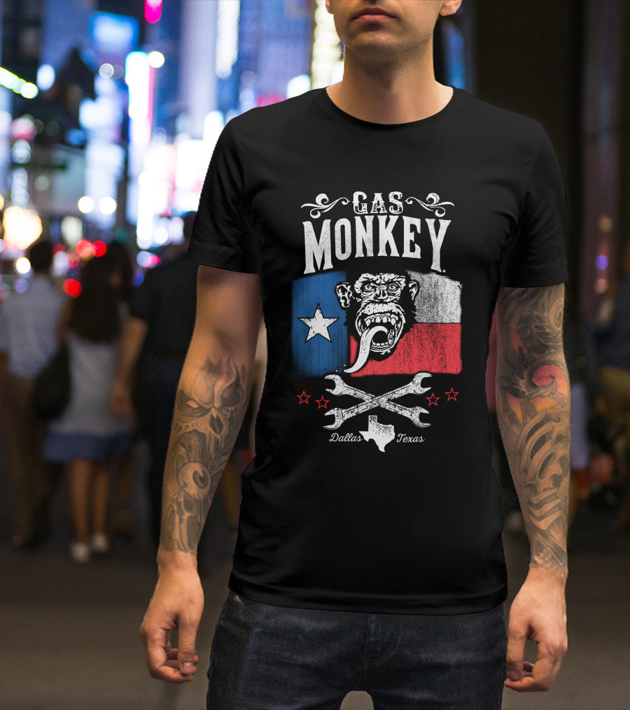 Gas Monkey Garage Dallas Texas Lone Star Flag Monkey Logo Wrenches Stars T-Shirt