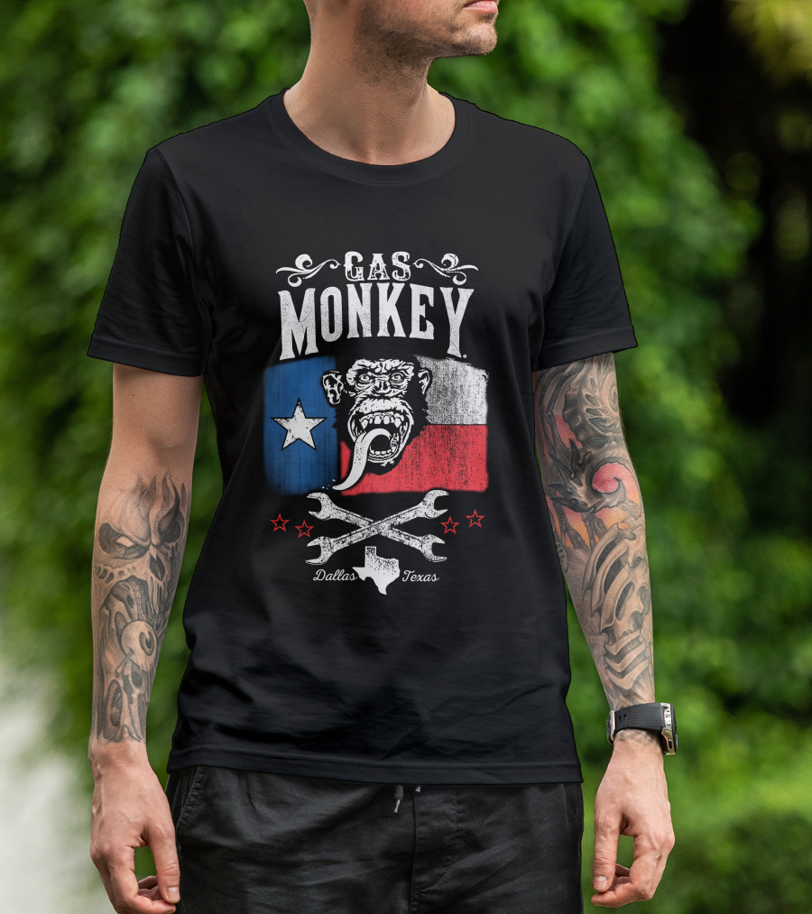 Gas Monkey Garage Dallas Texas Lone Star Flag Monkey Logo Wrenches Stars T-Shirt
