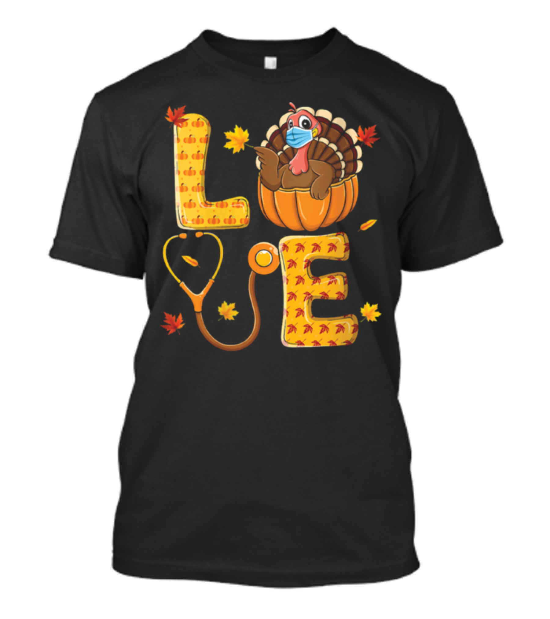 Love Nurse Thanksgiving Turkey Stethoscope Pumpkin Autumn Leaves T-Shirt