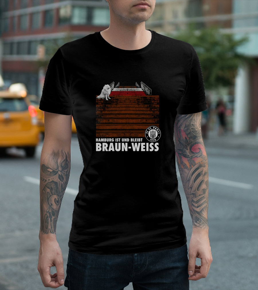 FC St. Pauli Hamburg Ist Und Bleibt Braun-Weiss 1910 Crest Stairs White Dog T-Shirt