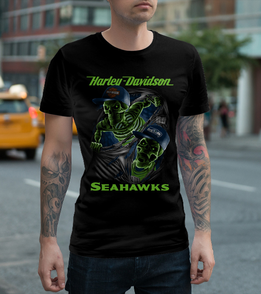 Harley Davidson Seattle Seahawks Skeletons T-Shirt