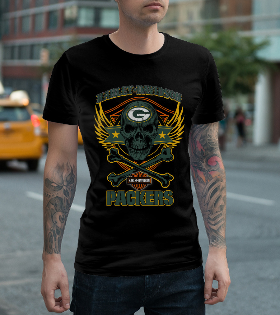 Harley Davidson Green Bay Packers Skull Motor Cycles T-Shirt